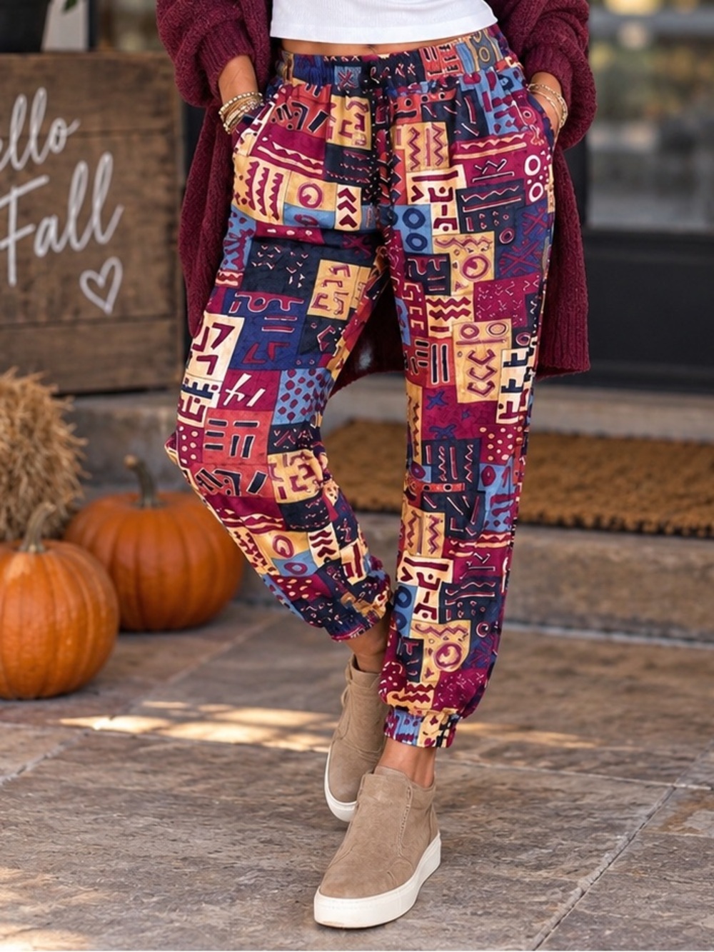🍂 Vintage Boho Tribal Print Jogger Pants Burgundy Blue Tan Elastic Waist